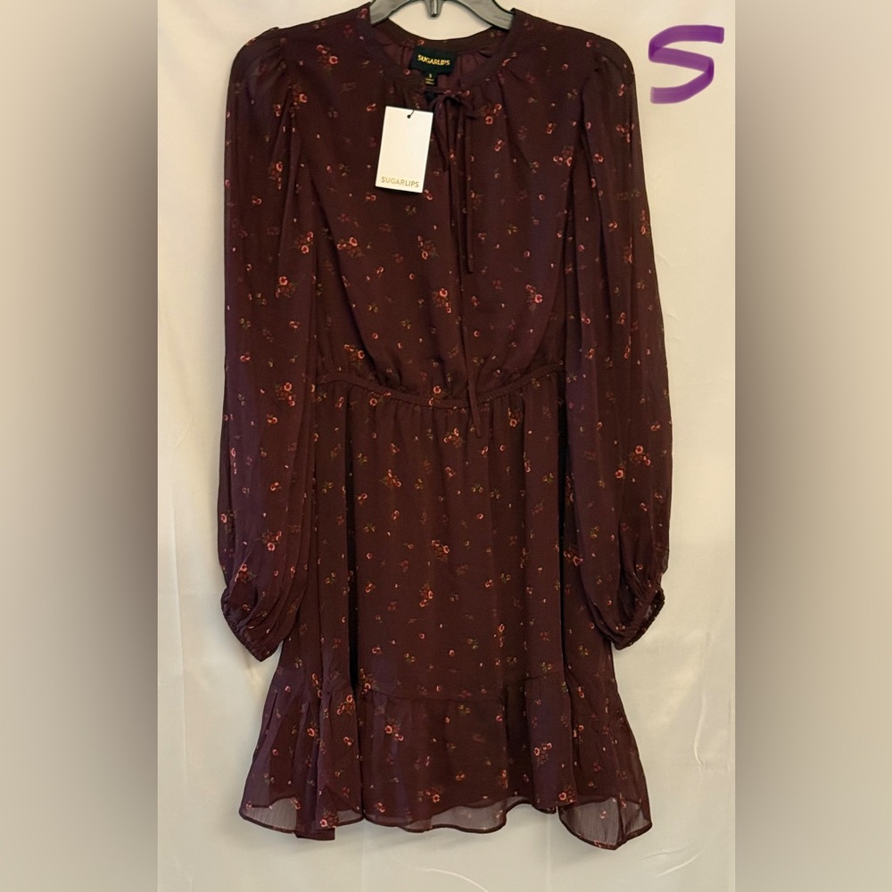 Sugarlips Burgundy Floral Long-Sleeve Tie-Neck Ruffle Dress